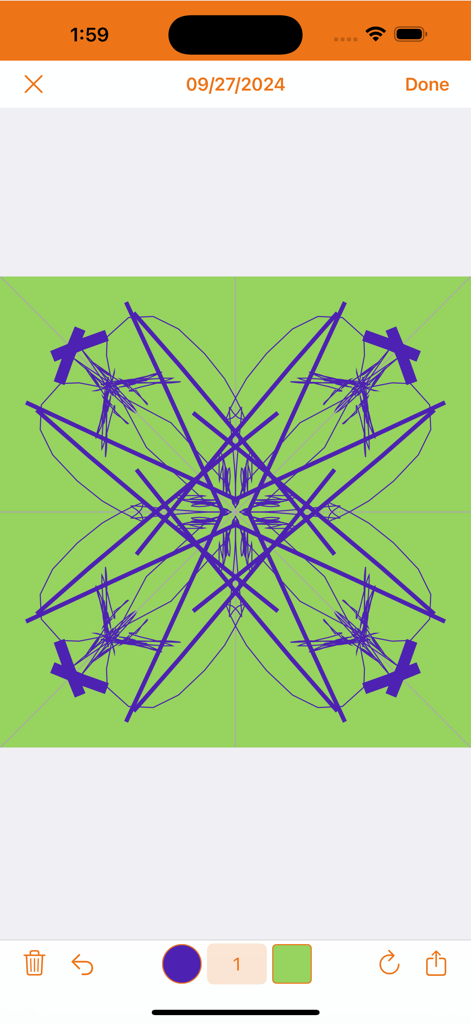 A purple symmetrical geometric pattern on a lime green background within the Fx Symmetry drawing app interface