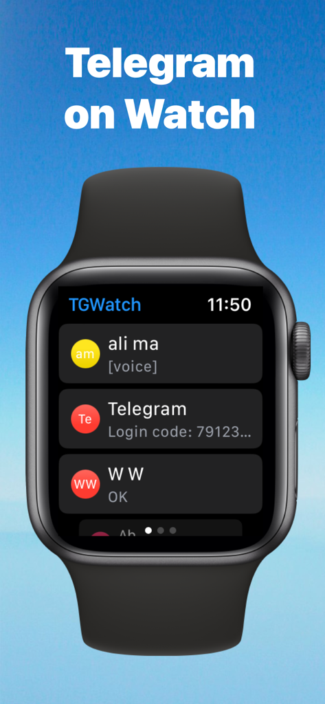 Telegram chat list interface on an Apple Watch using the TG Watch app