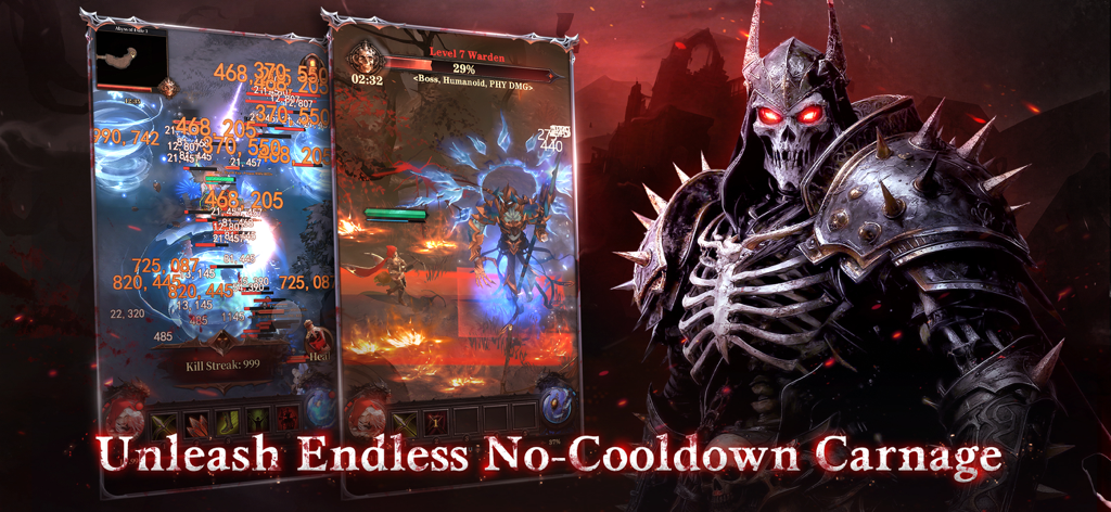 Dungeon of Exile - Intenso gameplay de combate en Dungeon of Exile con un guerrero esquelético y efectos de habilidades de alto daño.