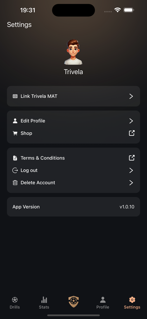 TRIVELA AI - Football Training - Settings screen of the Trivela AI app showing options to link the training mat edit profile and access the shop