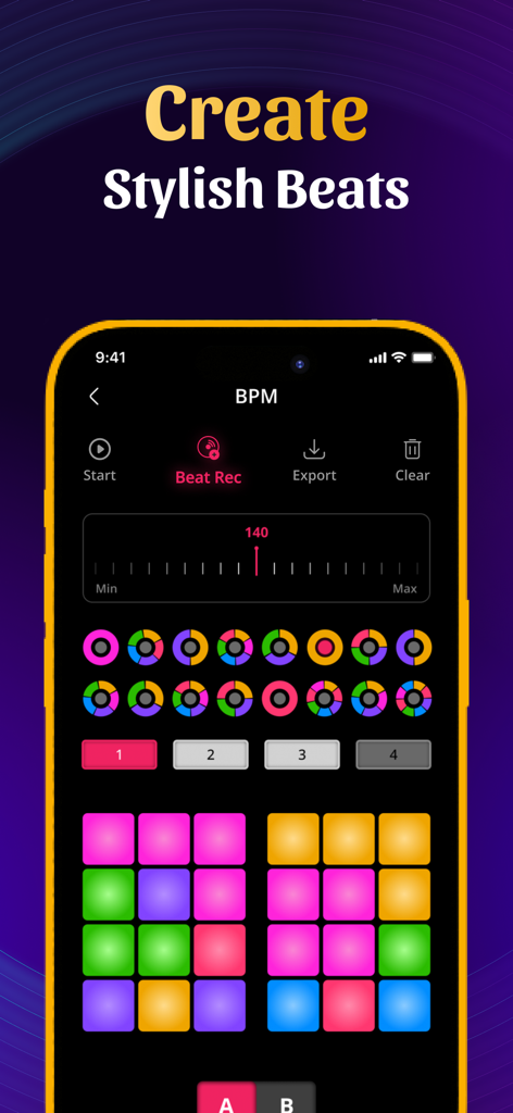 Drum Pad Beat Maker mobile app interface showing colorful music pads and BPM controls for creating stylish beats