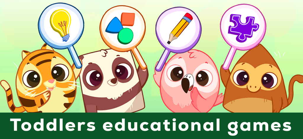 教育的なアイコン（論理、形、描画、パズル）を持って虫眼鏡を持つカラフルな漫画の動物たち