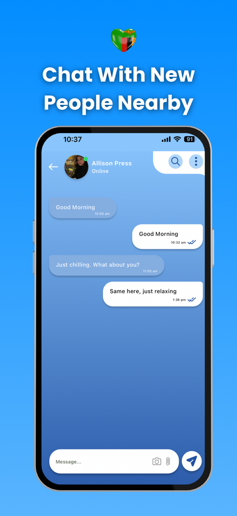 Yapper - Chat Nearby Zambia - Yapper mobile app screenshot showing a chat window with the heading Chat With New People Nearby and a conversation between two users.