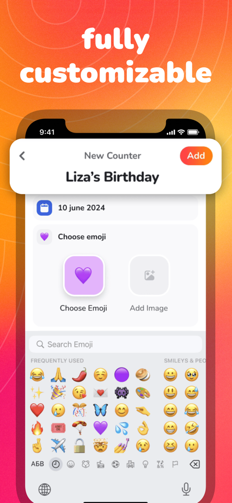 Countly: Countdown, Date Timer - Interface of the Countly app showing customization options for a new birthday countdown event including emoji selection and image upload