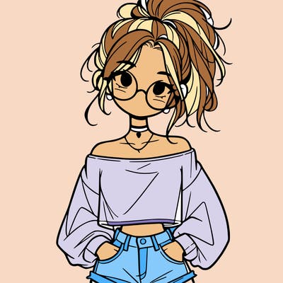 girl with a messy ponytail glasses a baggy crop top and jean shorts
