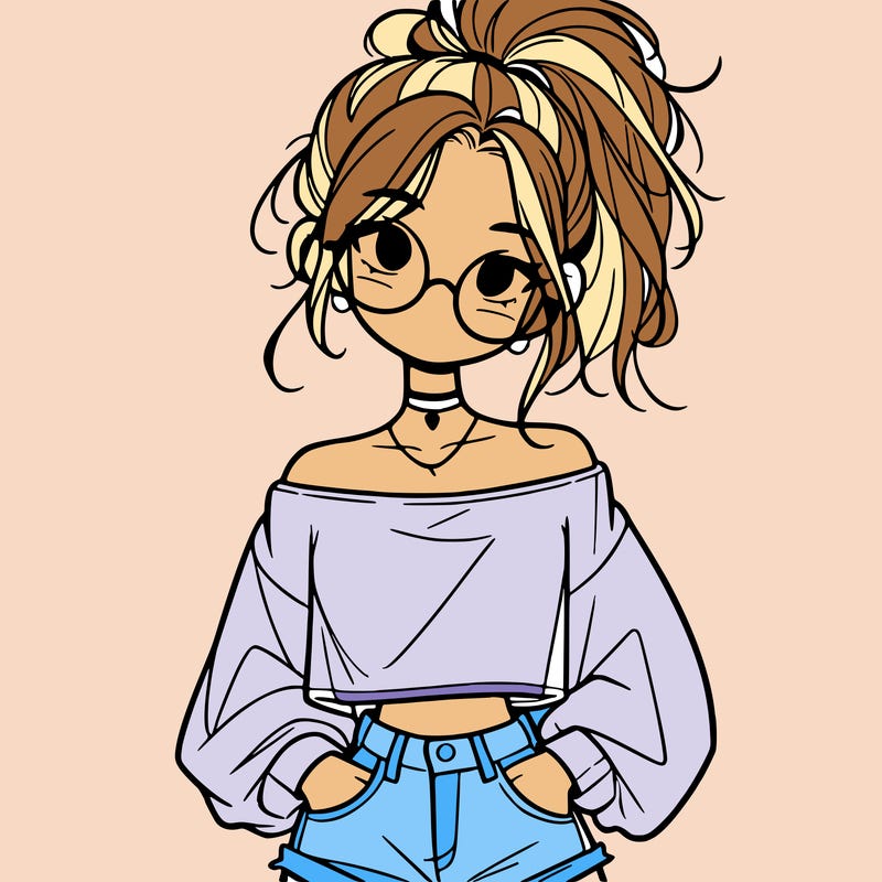 girl with a messy ponytail glasses a baggy crop top and jean shorts