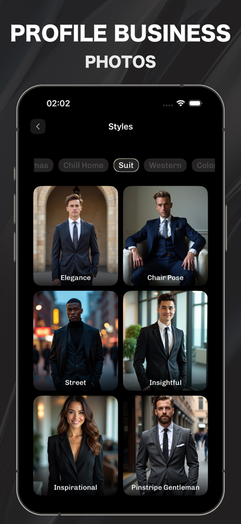 AI Headshot Photo Generator ・ - Oberfläche der KI-Bewerbungsfoto-Generator-App, die verschiedene professionelle Anzugstile für Business-Profil-Bewerbungsfotos anzeigt.