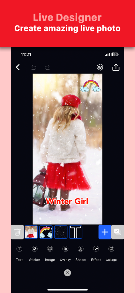 VideoToLive - VideoToLive app interface showing the Live Designer tool editing a photo with text and sticker overlays