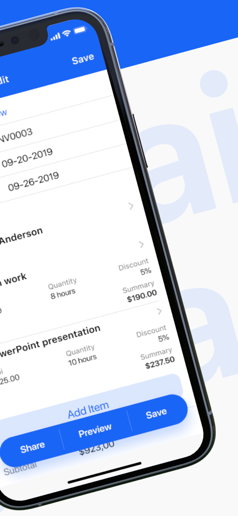 Mobile app interface for creating and editing professional business invoices on an iPhone
