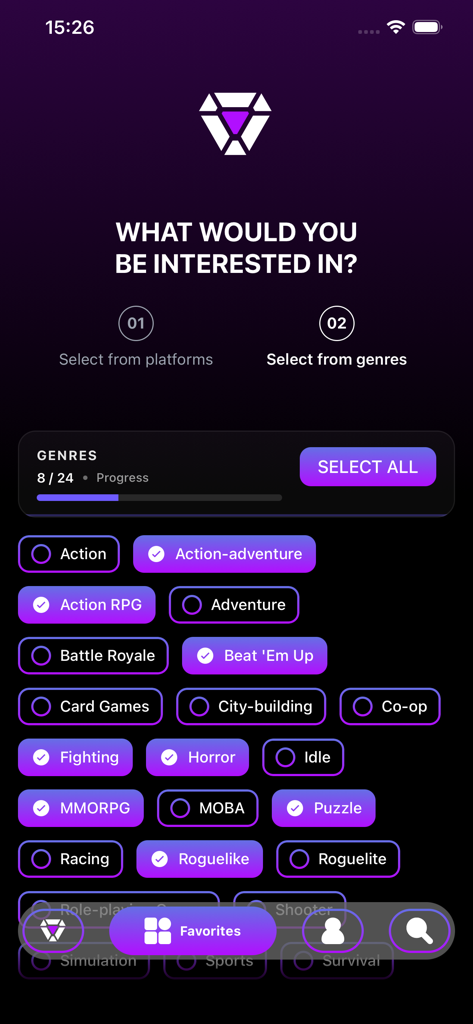 Genre selection screen in the Insider Gaming app featuring tags like Action RPG and Horror.