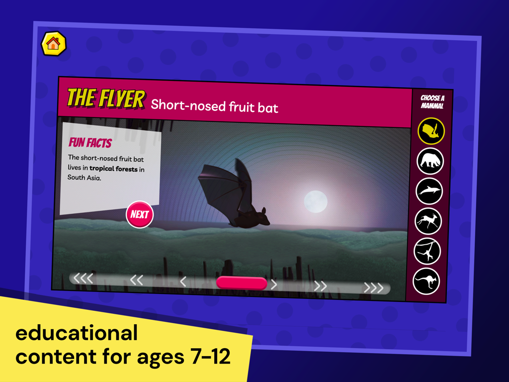 Educational screen showing facts about a short-nosed fruit bat in the OLogy science app