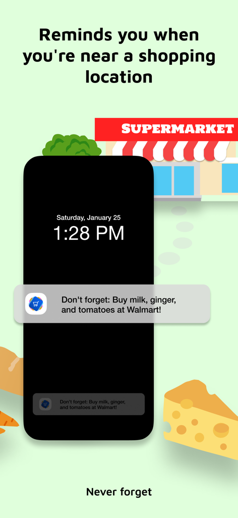iPhone lock screen showing a shopping list reminder notification triggered by being near a Walmart store