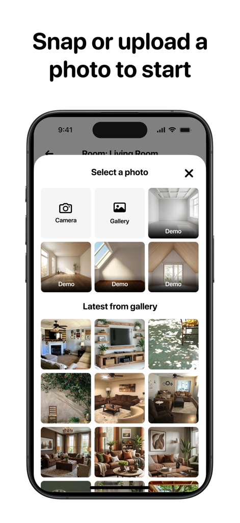Casa AI - Interior Design - Casa AI app interface showing options to snap or upload a room photo from the gallery or choose a demo room for interior design