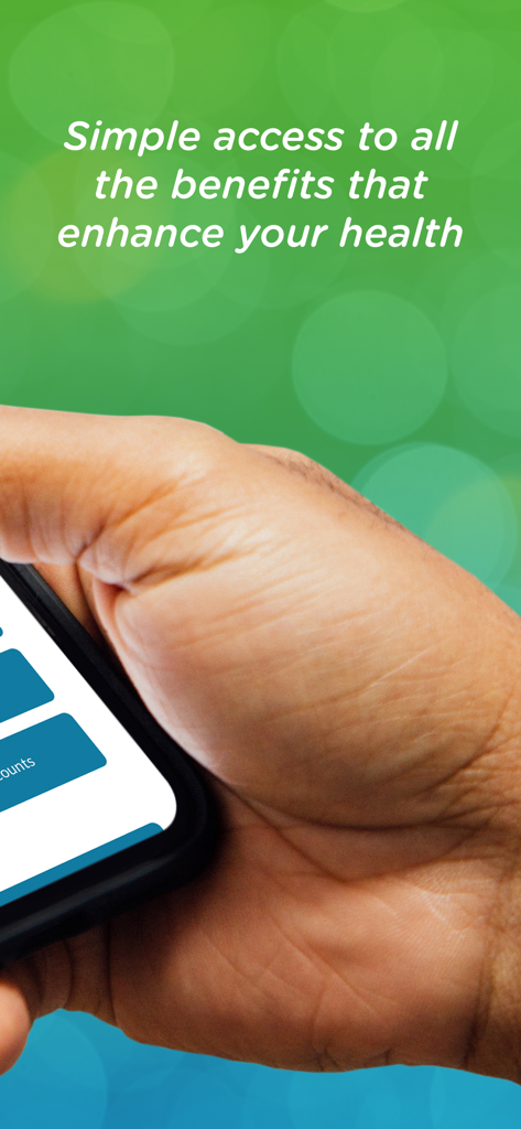 A hand holding a phone showing the Healthy Benefits Plus app screen with a green background