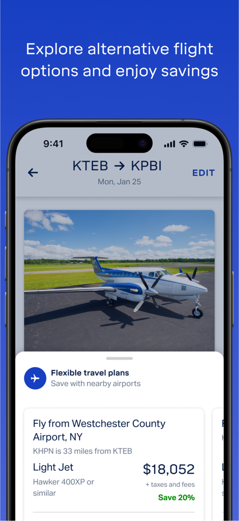 Wheels Up - Wheels Up app interface showing private jet flight options and savings for flexible travel plans