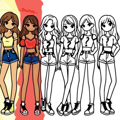 a group of girls wearing crop tops and shorts