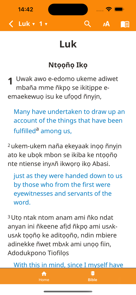 A screenshot of the Adisana Nwed Abasi mobile app displaying parallel Bible verses in Ibibio and English from the book of Luke.
