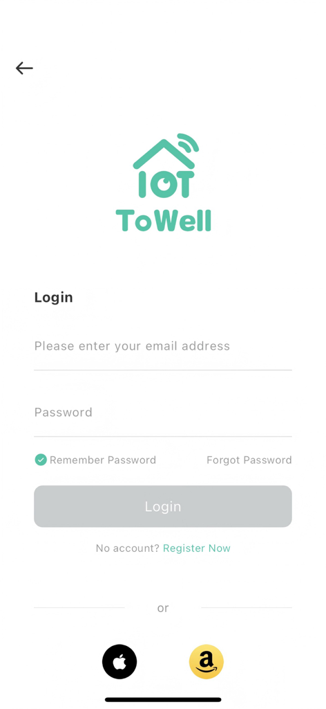 ToWell - ToWell app login screen for managing smart security cameras
