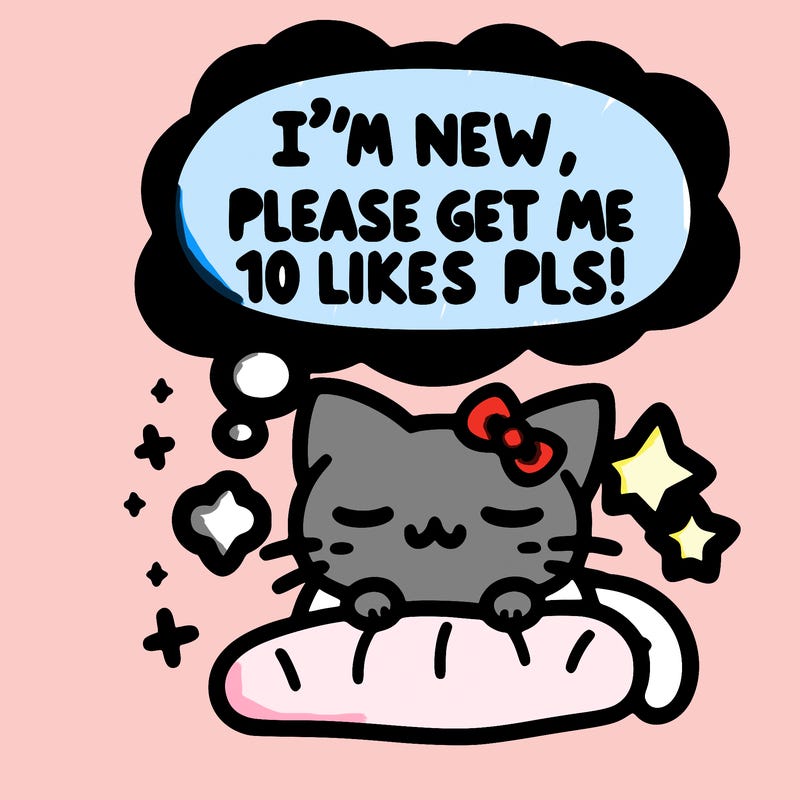 kitty taking a nap dream talking and saying "i'm new, please get me at least 10 likes pls!!"