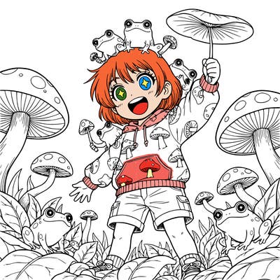 a girl with short hair and mushrooms and frogs lea