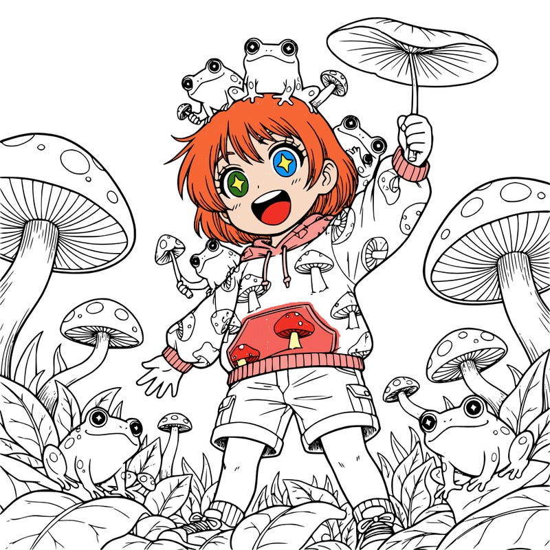 a girl with short hair and mushrooms and frogs lea