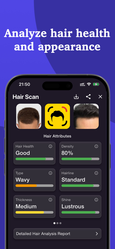Hair Scan - Hair Snap Health - Mobile interface of Hair Scan app showing hair health and density metrics