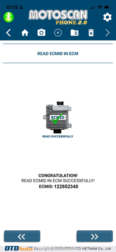 Motoscan Phone - Motoscan Phone app screen confirming successful reading of a motorcycle ECM ID number