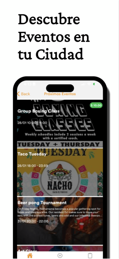 Speedy Delivery: Pide Online - Pantalla de la aplicación móvil que muestra eventos comunitarios locales en León como clases de boxeo y Taco Tuesday