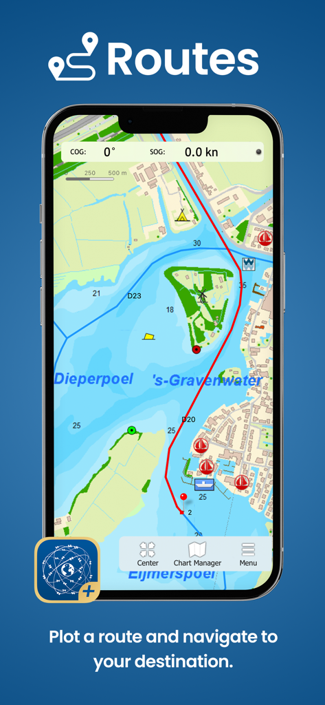 WinGPS Marine Plus - Pantalla de smartphone que muestra la aplicación WinGPS Marine Plus trazando una ruta náutica en una carta marítima.