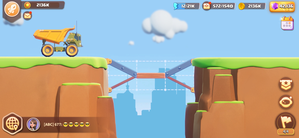 A yellow truck on a cliff waiting to cross a bridge under construction in Build Master Bridge Race.