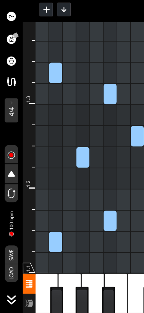 X Drum app MIDI sequencer showing blue notes on a grid with a piano keyboard and recording controls
