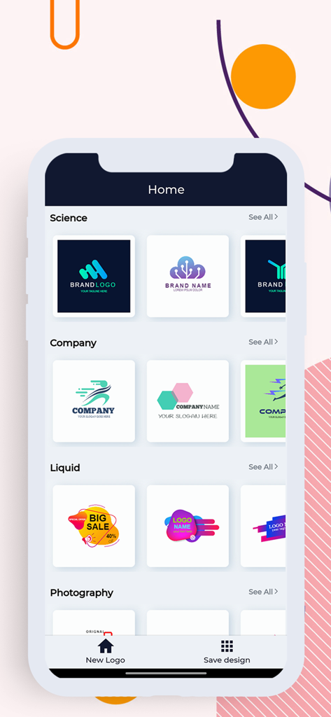 Logo Creator - Logo Maker - La pantalla de inicio de la aplicación Logo Creator con plantillas de diseño categorizadas para marcas de Ciencia, Empresa y Líquidos.
