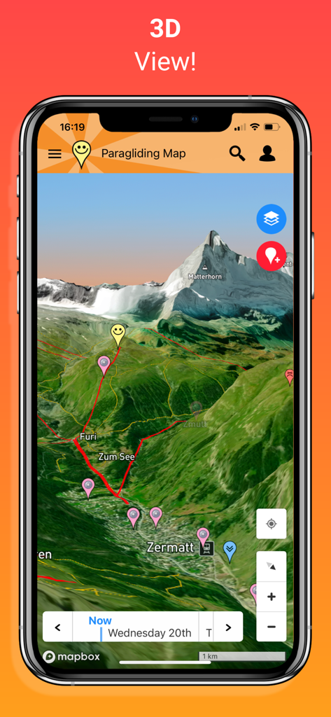 Interactive 3D map interface showing paragliding launch and landing sites in a mountainous region