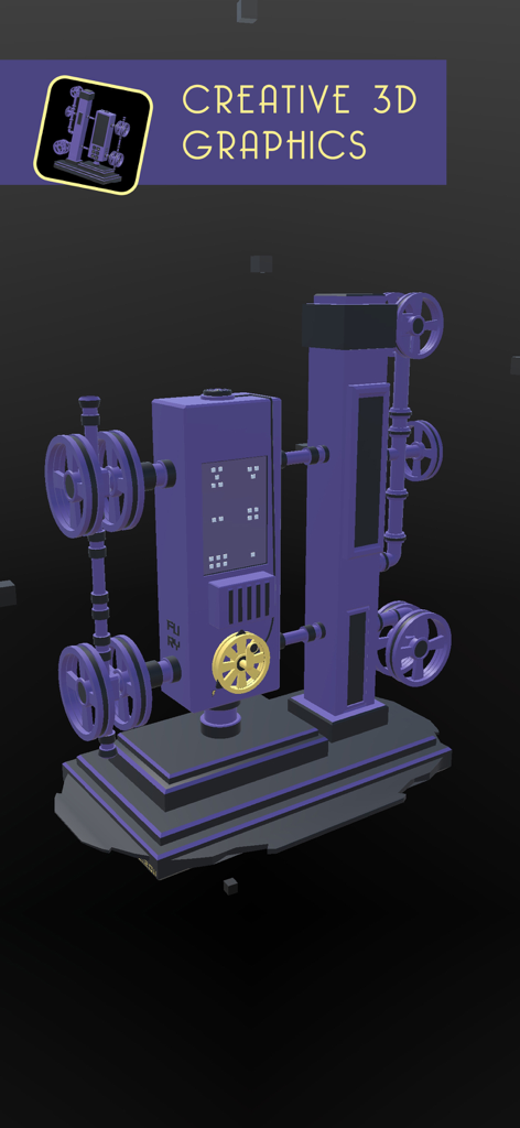 A detailed purple 3D mechanical puzzle machine with gears and levers from the game Tiny Machinery