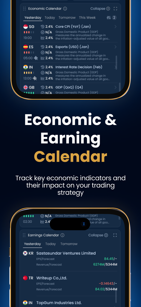iYurek - iYurek app screen showing global economic and earnings calendars with trading indicators