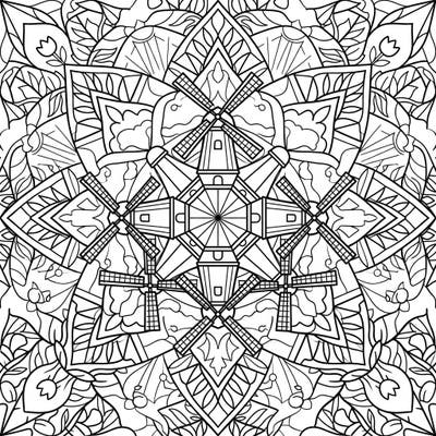Embark on a tranquil coloring adventure with this beautiful symmetrical mandala. Featuring classic windmills nestled amidst cheerful summer designs, it promises hours of creative relaxation.
