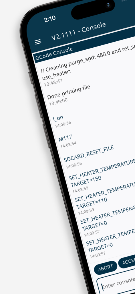 Mobileraker - Klipper UI - Tela do smartphone mostrando a interface do console GCode do Mobileraker com logs de comando da impressora 3D e atualizações de status