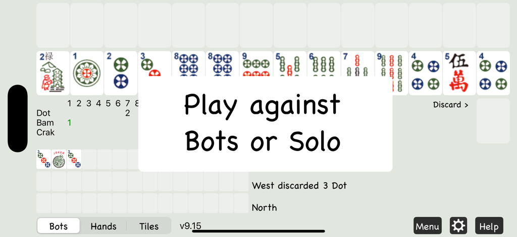Screenshot of American Mahjong Practice app showing the play against bots or solo mode