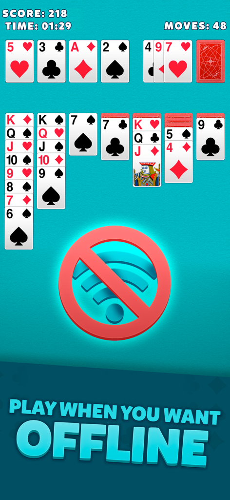 Solitaire Classic Klondike - Jugabilidad móvil de Solitario Clásico Klondike mostrando la función de modo sin conexión.