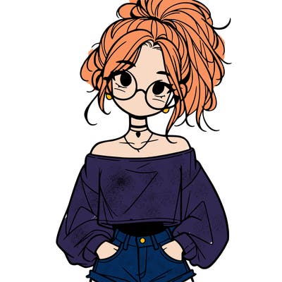 girl with a messy ponytail glasses a baggy crop top and jean shorts