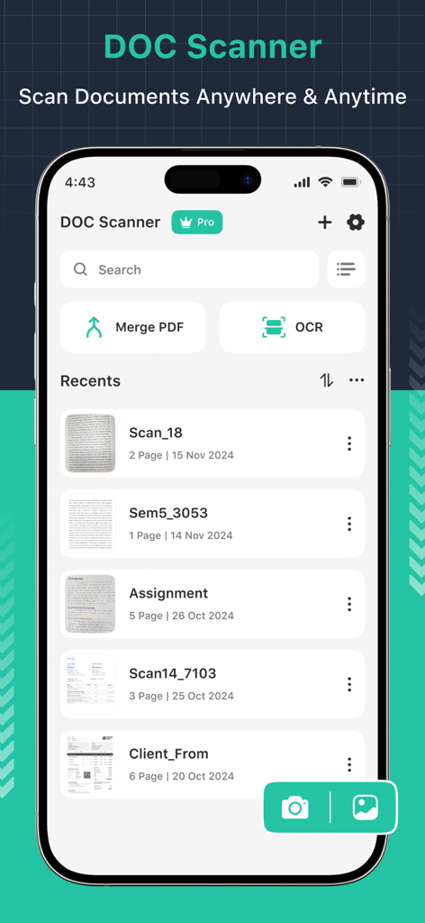 Doc Scanner : PDF Maker - Interfaz principal de la aplicación Doc Scanner en un iPhone que muestra una lista de documentos recientes y funciones OCR.
