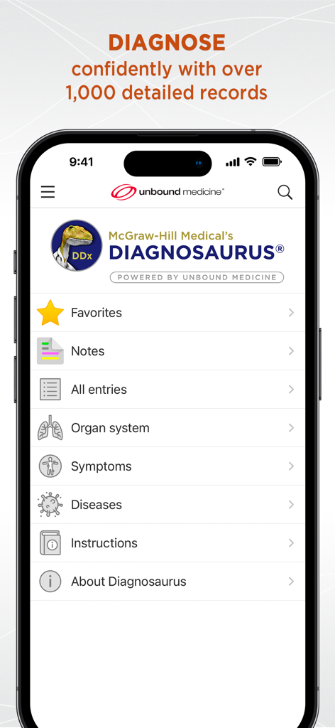 Home screen of the Diagnosaurus DDx app showing menu options for organ systems symptoms and diseases on an iPhone.
