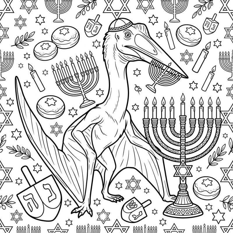 Unleash your creativity with this unique Hanukkah coloring page, featuring a magnificent Hatzegopteryx pterosaur celebrating the Festival of Lights. Dive into a world where ancient creatures meet cherished traditions, perfect for adding a prehistoric touch to your holiday.