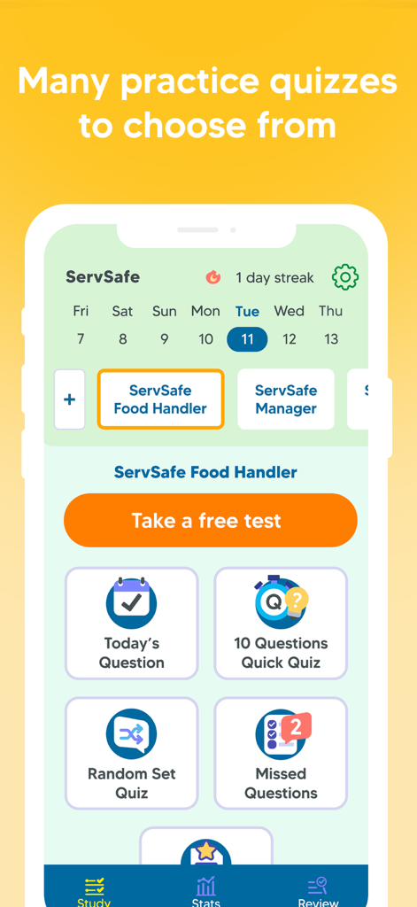 ServSafe: Practice Test Prep - Una captura de pantalla del panel de la aplicación ServSafe que muestra varias opciones de cuestionarios de práctica y el progreso del estudio.