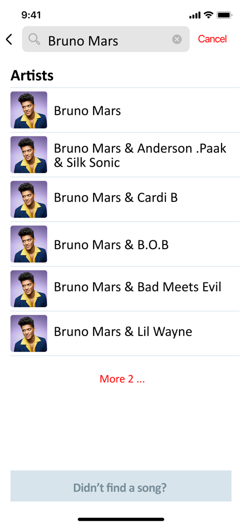 EvoClub User - EvoClub User App-Oberfläche, die Suchergebnisse für den Künstler Bruno Mars mit verschiedenen Kollaborationen im Karaoke-Songkatalog anzeigt