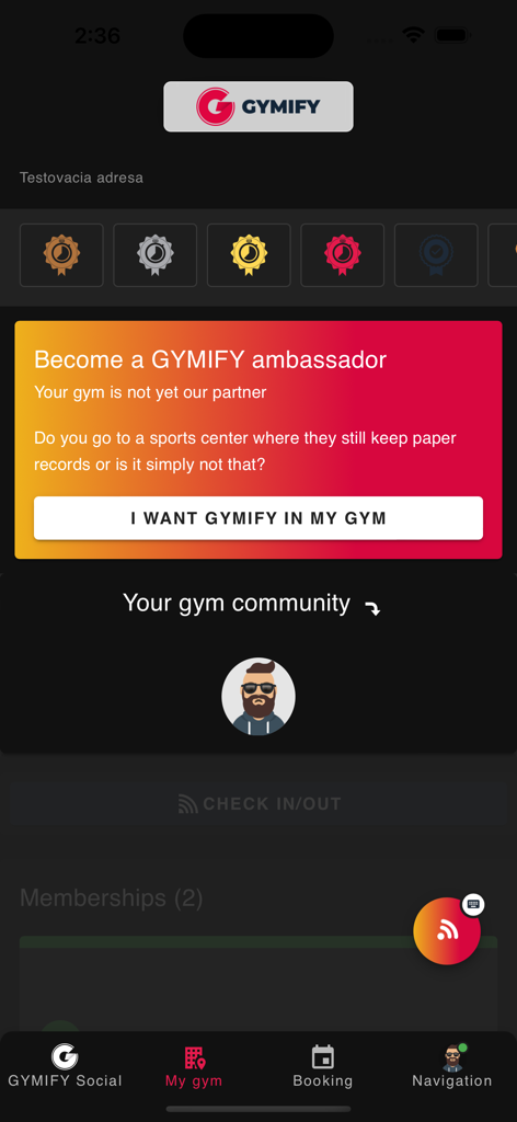 Un'interfaccia dell'app mobile GYMIFY che mostra una sezione della community della palestra e un banner che invita gli utenti a diventare ambasciatori del loro centro fitness.