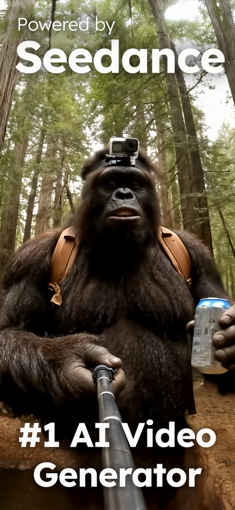 A realistic AI-generated video preview of a gorilla taking a selfie in a forest powered by Seedance AI.