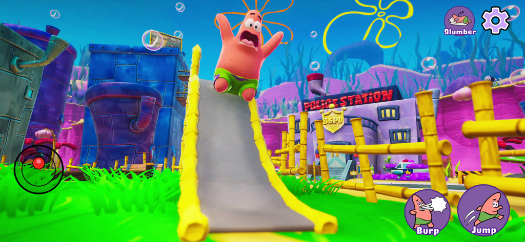 Patrick Star sliding down a ramp in Bikini Bottom with the police station in the background