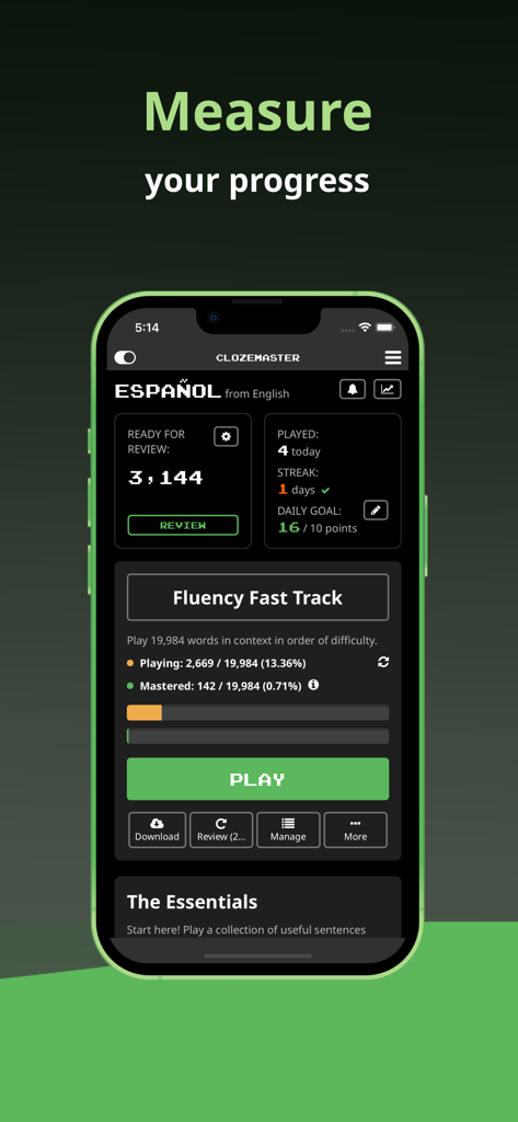 Clozemaster: Expand Vocabulary - Clozemaster app dashboard showing Spanish vocabulary progress and daily streaks