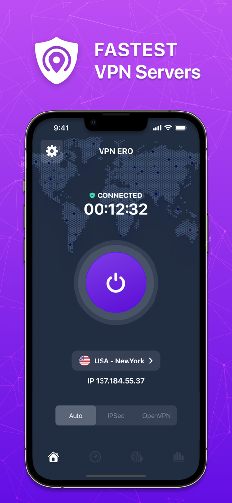VPN ERO app dashboard on iPhone displaying a connected status to a New York server